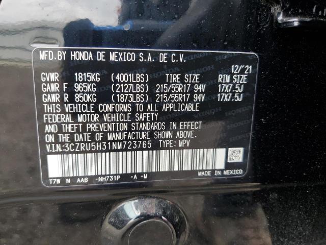 3CZRU5H31NM723765 - 2022 HONDA HR-V LX BLACK photo 12