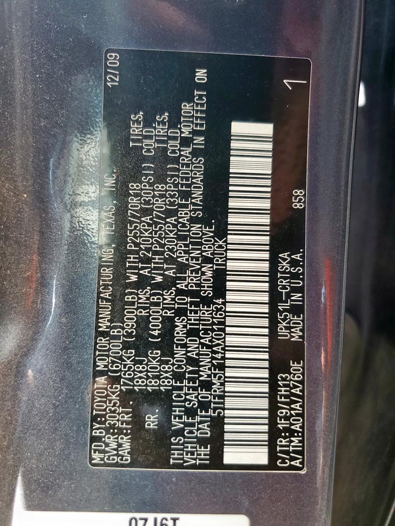 5TFRM5F14AX011634 - 2010 TOYOTA TUNDRA DOUBLE CAB SR5 CHARCOAL photo 12