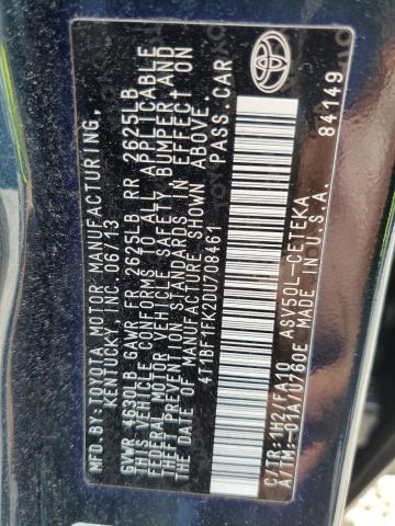 4T1BF1FK2DU708461 - 2013 TOYOTA CAMRY L BLUE photo 12