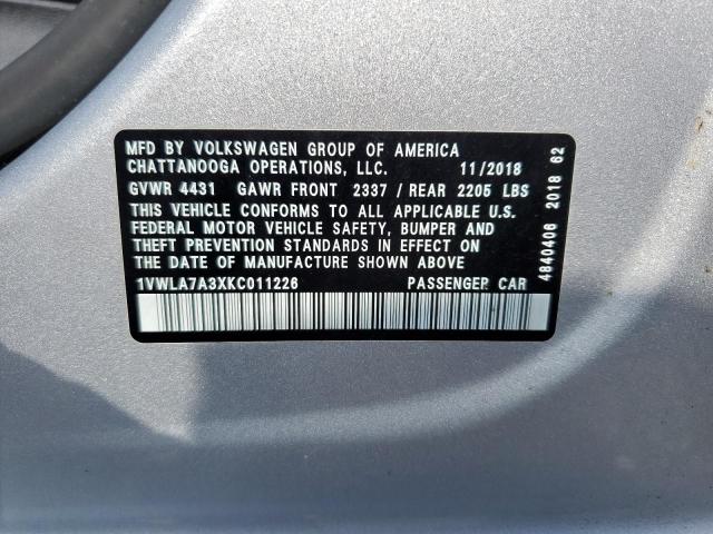 1VWLA7A3XKC011226 - 2019 VOLKSWAGEN PASSAT WOLFSBURG SILVER photo 12