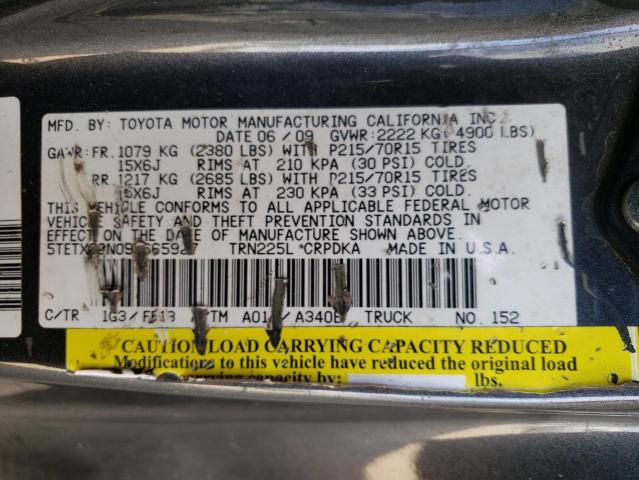 5TETX22N09Z665927 - 2009 TOYOTA TACOMA ACCESS CAB Сұр фото 12