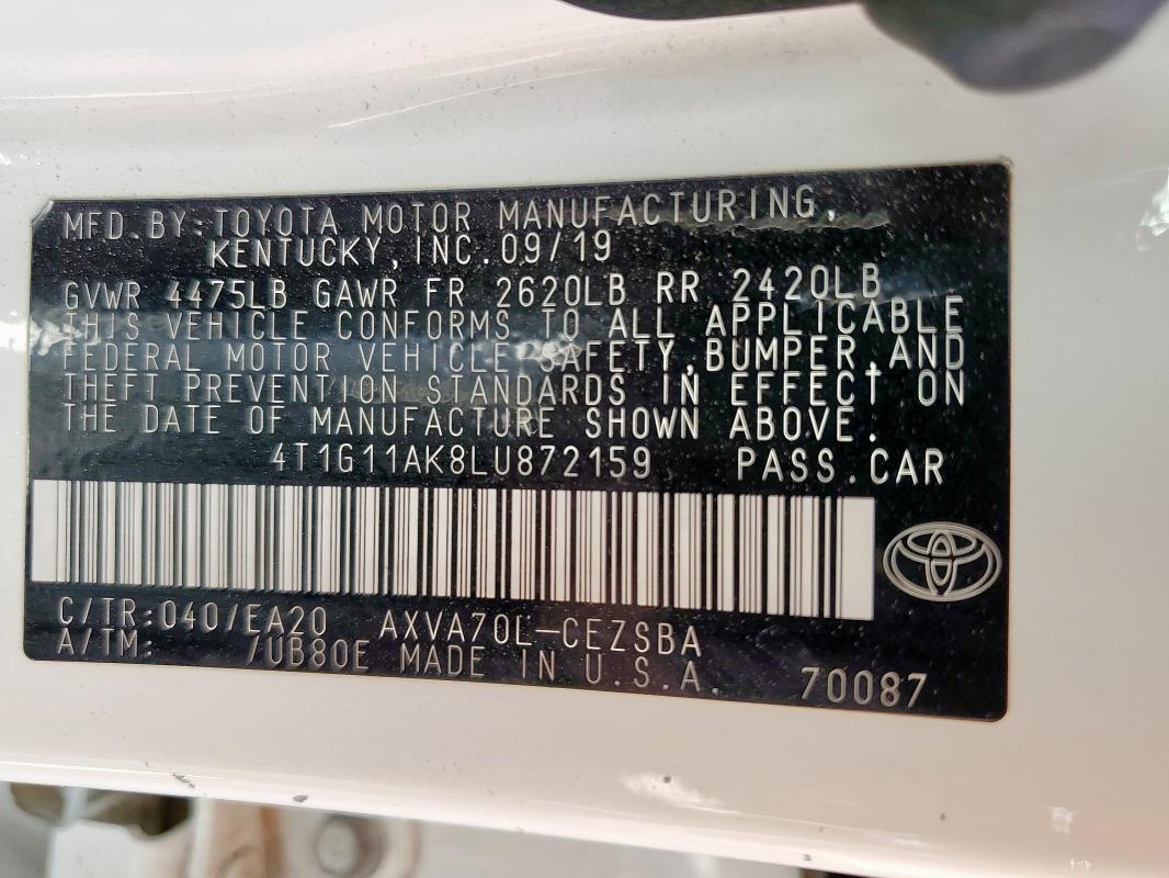 4T1G11AK8LU872159 - 2020 TOYOTA CAMRY SE WHITE photo 12