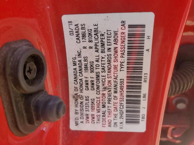 2HGFC2F53JH549593 - 2018 HONDA CIVIC LX წითელი ფოტო 12