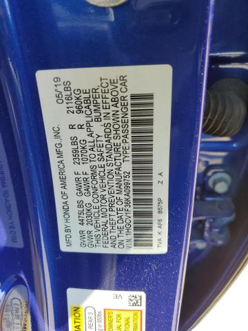 1HGCV1F36KA099752 - 2019 HONDA ACCORD SPORT Bleu photo 12
