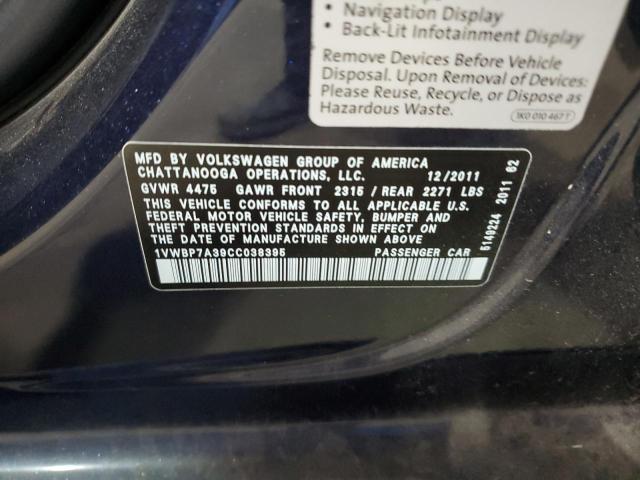 1VWBP7A39CC038395 - 2012 VOLKSWAGEN PASSAT SE BLUE photo 12