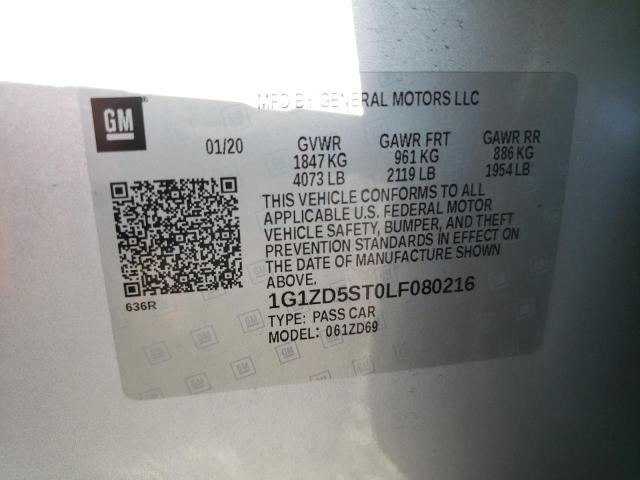 1G1ZD5ST0LF080216 - 2020 CHEVROLET MALIBU LT SILVER photo 12