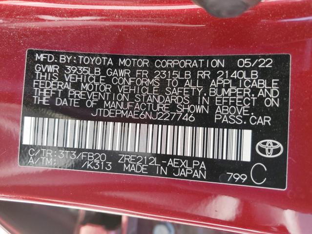JTDEPMAE6NJ227746 - 2022 TOYOTA COROLLA LE ბურგუნდია ფოტო 13