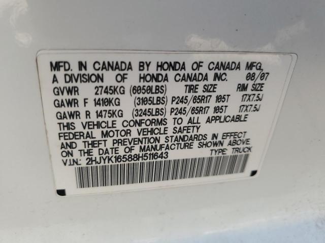 2HJYK16588H511643 - 2008 HONDA RIDGELINE RTL WHITE photo 12