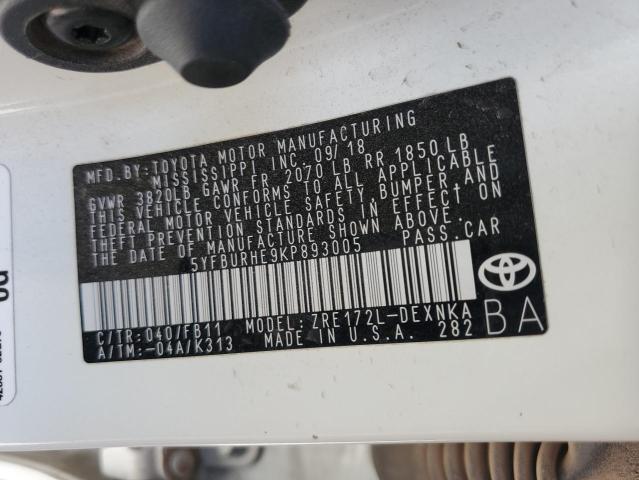 5YFBURHE9KP893005 - 2019 TOYOTA COROLLA L WHITE photo 12