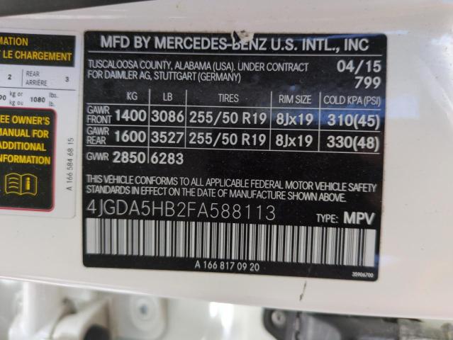 4JGDA5HB2FA588113 - 2015 MERCEDES-BENZ ML 350 4MATIC WHITE photo 12