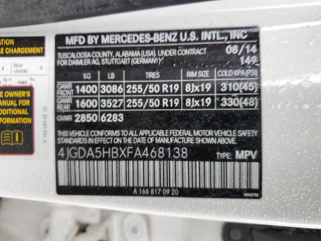 4JGDA5HBXFA468138 - 2015 MERCEDES-BENZ ML 350 4MATIC WHITE photo 13