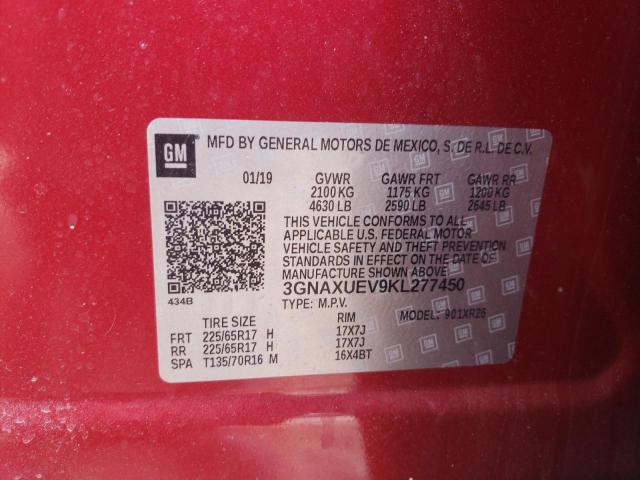 3GNAXUEV9KL277450 - 2019 CHEVROLET EQUINOX LT RED photo 12