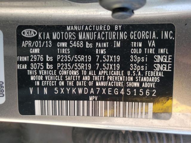 5XYKWDA7XEG451562 - 2014 KIA SORENTO SX GRAY photo 13