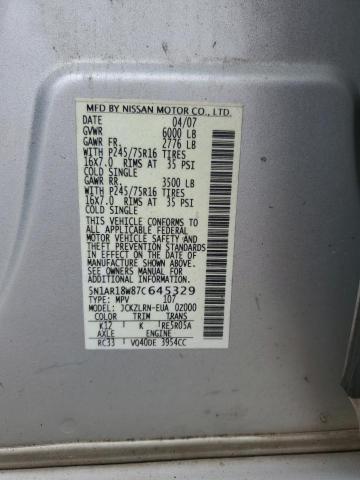 5N1AR18W87C645329 - 2007 NISSAN PATHFINDER LE SILVER photo 13