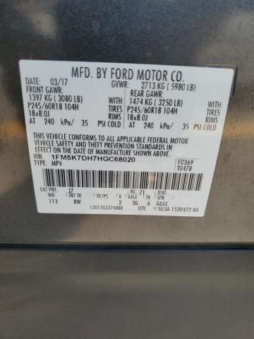 1FM5K7DH7HGC68020 - 2017 FORD EXPLORER XLT Grafito foto 13