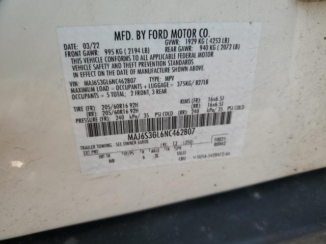 MAJ6S3GL6NC462807 - 2022 FORD ECOSPORT SE Beyaz fotoğraf 12