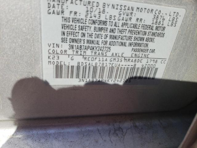 3N1AB7AP4KY242725 - 2019 NISSAN SENTRA S SILVER photo 12