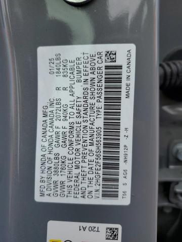 2HGFE2F56SH563905 - 2025 HONDA CIVIC SPORT GRAY photo 12