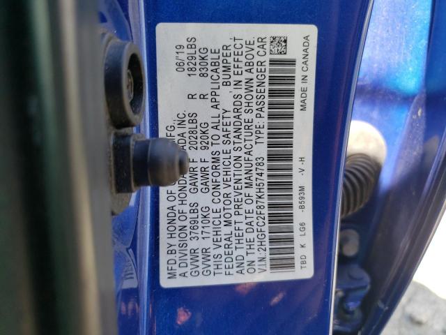 2HGFC2F87KH574783 - 2019 HONDA CIVIC SPORT BLUE photo 12
