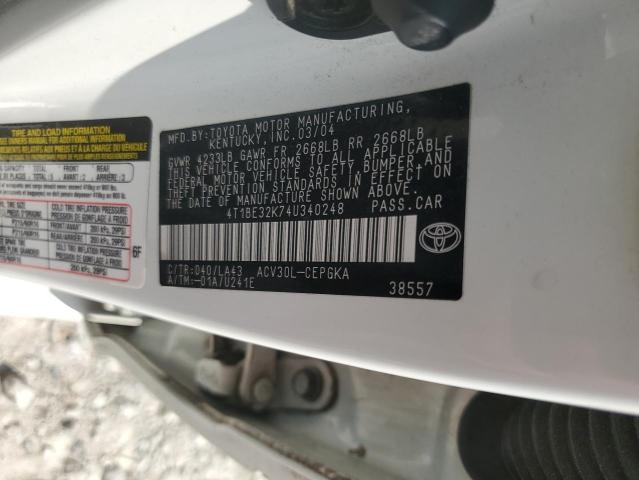 4T1BE32K74U340248 - 2004 TOYOTA CAMRY LE 白色 照片 12