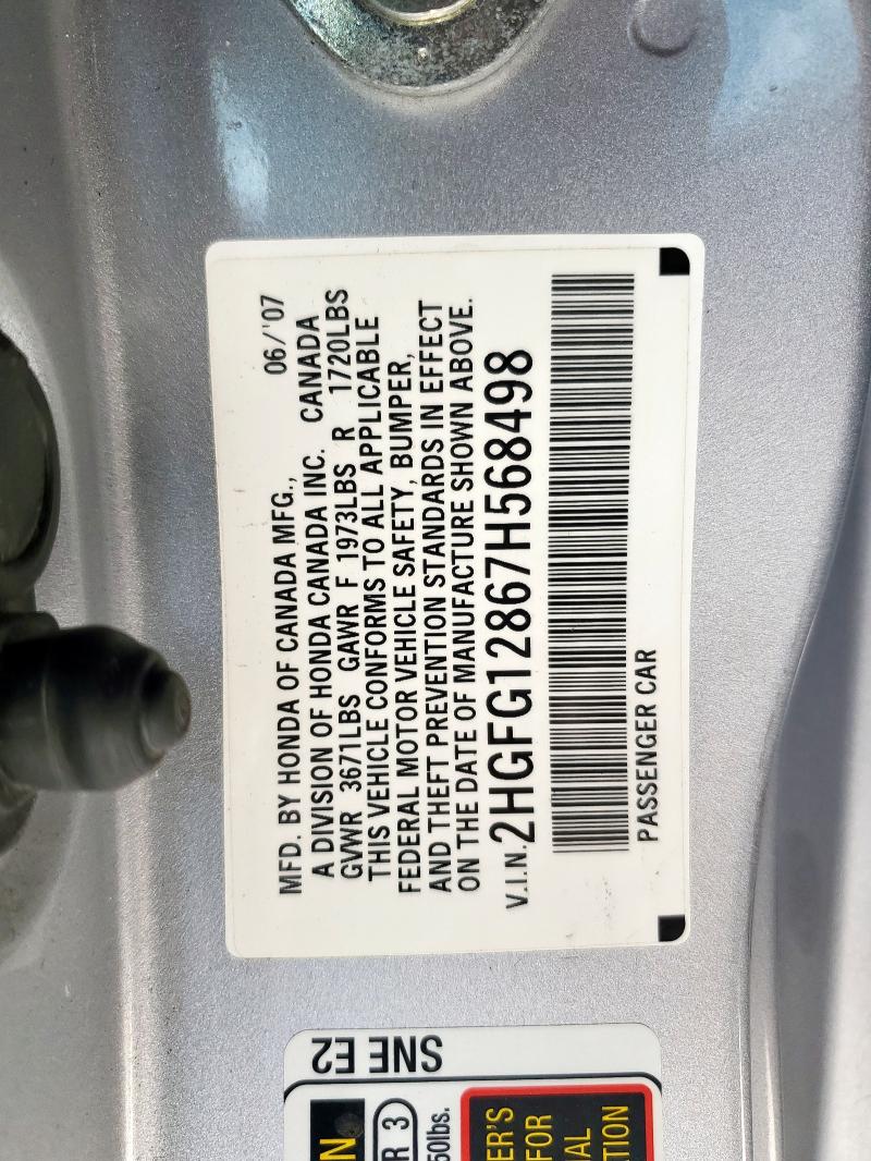 2HGFG12867H568498 - 2007 HONDA CIVIC EX SILVER photo 12