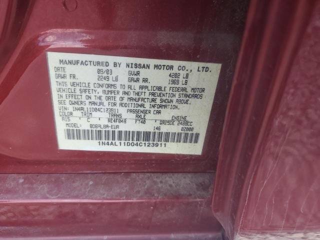 1N4AL11D04C123911 - 2004 NISSAN ALTIMA BASE RED photo 12