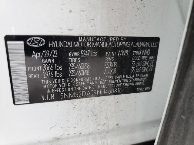 5NMS2DAJ9NH460816 - 2022 HYUNDAI SANTA FE SEL Ақ фото 13