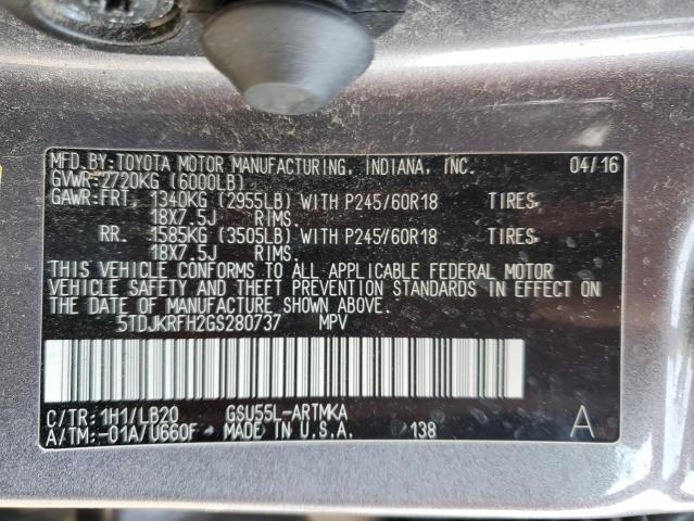 5TDJKRFH2GS280737 - 2016 TOYOTA HIGHLANDER XLE GRAY photo 13