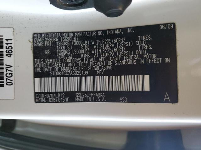 5TDDK4CC7AS029499 - 2010 TOYT SIENNA XLE WHITE photo 13