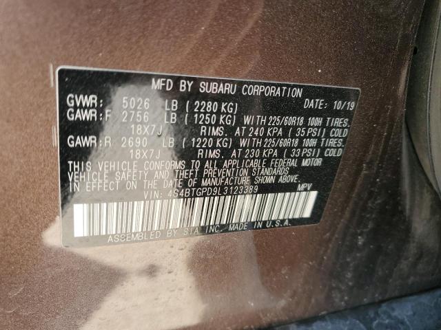 4S4BTGPD9L3123389 - 2020 SUBARU OUTBACK TOURING LDL BROWN photo 12