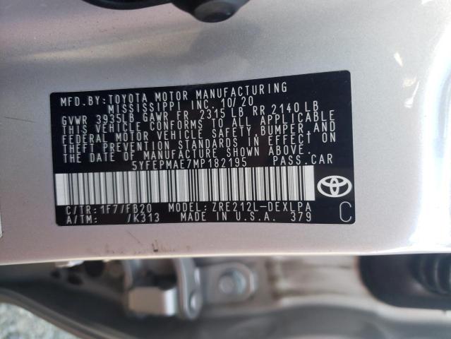 5YFEPMAE7MP182195 - 2021 TOYOTA COROLLA LE SILVER photo 12