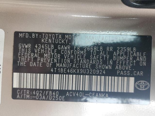 4T1BE46KX9U320924 - 2009 TOYOTA CAMRY BASE TAN photo 12