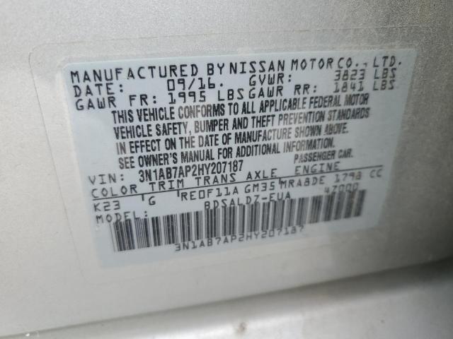 3N1AB7AP2HY207187 - 2017 NISSAN SENTRA S SILVER photo 13