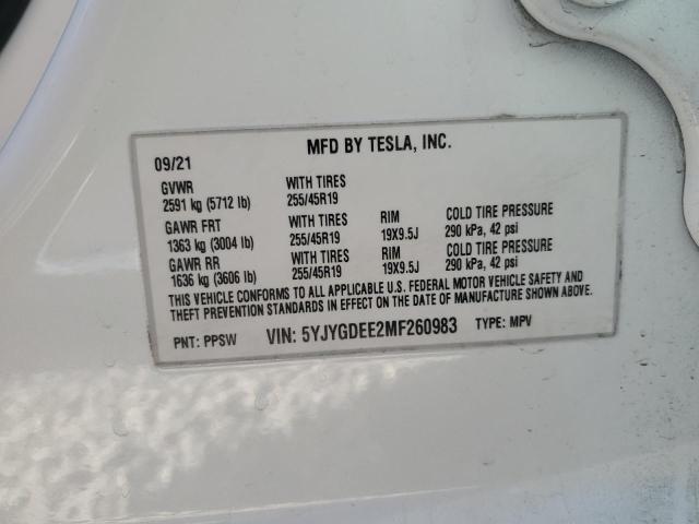 5YJYGDEE2MF260983 - 2021 TESLA MODEL Y WHITE photo 12