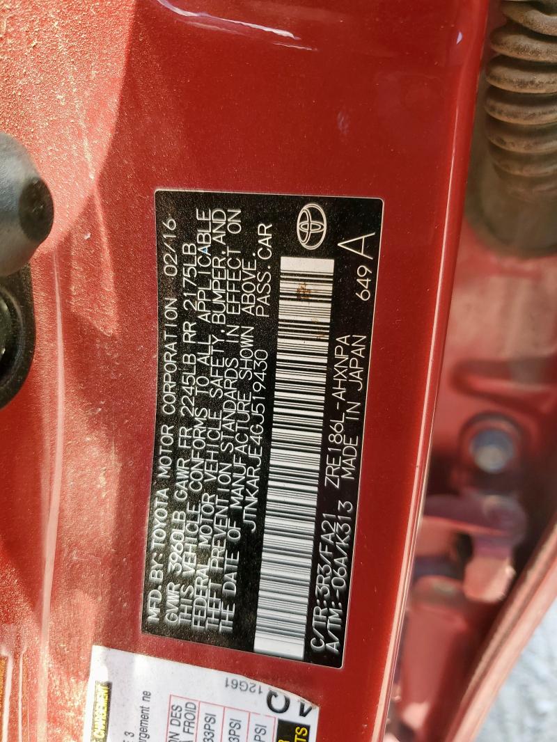 JTNKARJE4GJ519430 - 2016 TOYOTA SCION IM 红色 照片 12