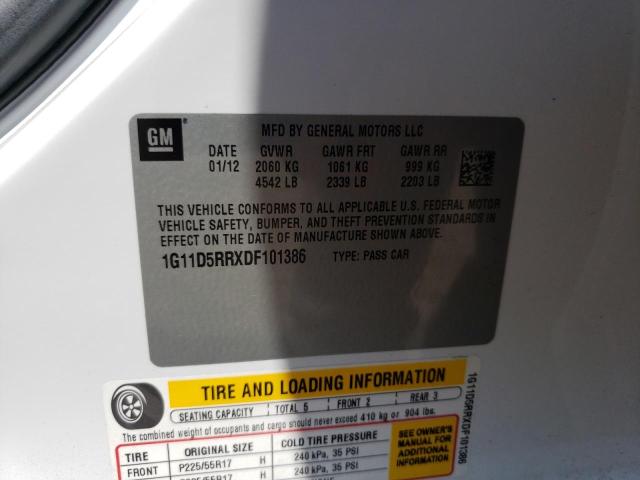 1G11D5RRXDF101386 - 2013 CHEVROLET MALIBU 1LT 白色 照片 12