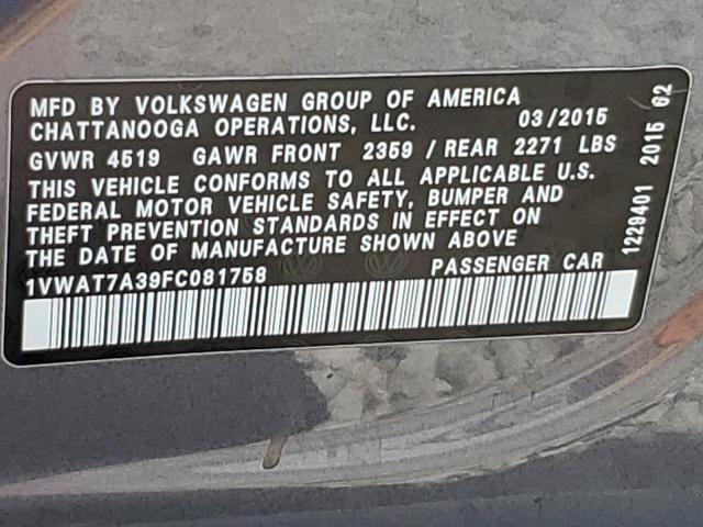 1VWAT7A39FC081758 - 2015 VOLKSWAGEN PASSAT S ნაცრისფერი ფოტო 12
