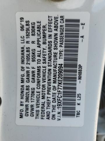 19XFC1F77KE209094 - 2019 HONDA CIVIC EXL WHITE photo 12