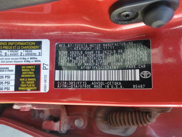 4T1BF1FK5CU524761 - 2012 TOYOTA CAMRY BASE Червоний фото 13