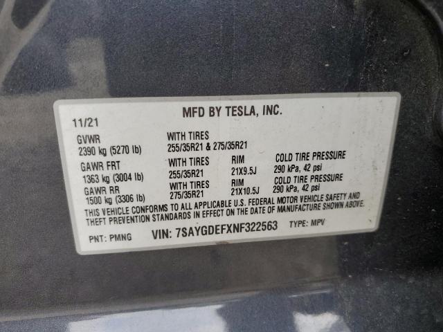 7SAYGDEFXNF322563 - 2022 TESLA MODEL Y CHARCOAL photo 12
