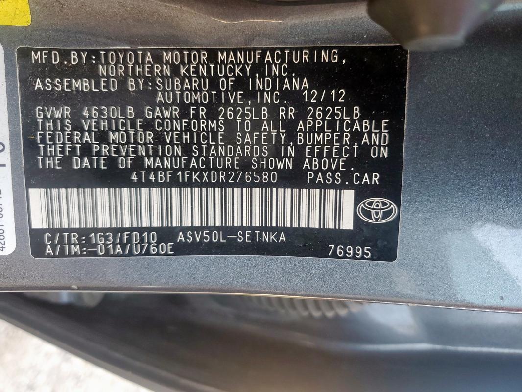 4T4BF1FKXDR276580 - 2013 TOYOTA CAMRY L GRAY photo 13