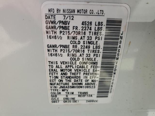 JN8AS5MV0DW106523 - 2013 NISSAN ROGUE S WHITE photo 12