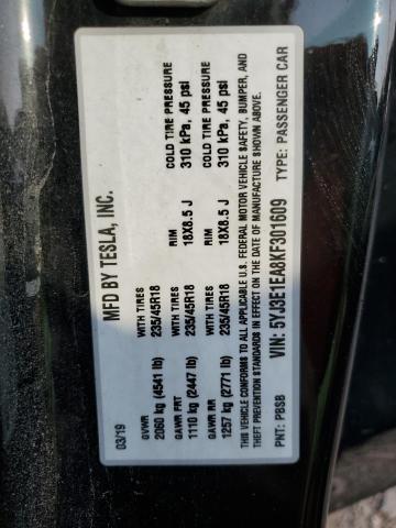5YJ3E1EA8KF301609 - 2019 TESLA MODEL 3 BLACK photo 12