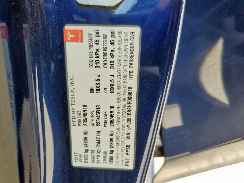 5YJ3E1EA2HF003016 - 2017 TESLA MODEL 3 蓝色 照片 12