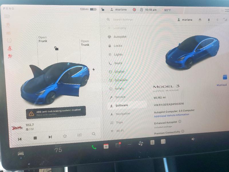 5YJ3E1EA2HF003016 - 2017 TESLA MODEL 3 蓝色 照片 9