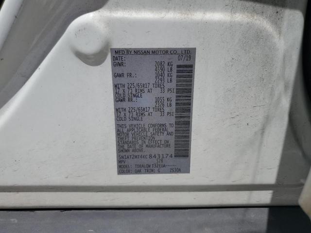 5N1AT2MT4KC843174 - 2019 NISSAN ROGUE S WHITE photo 12