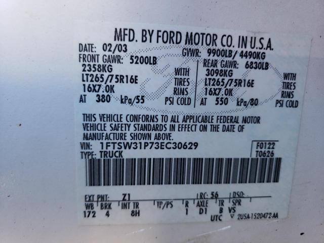 1FTSW31P73EC30629 - 2003 FORD F350 SRW SUPER DUTY WHITE photo 12