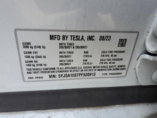 5YJSA1E67PF520913 - 2023 TESLA MODEL S WHITE photo 12