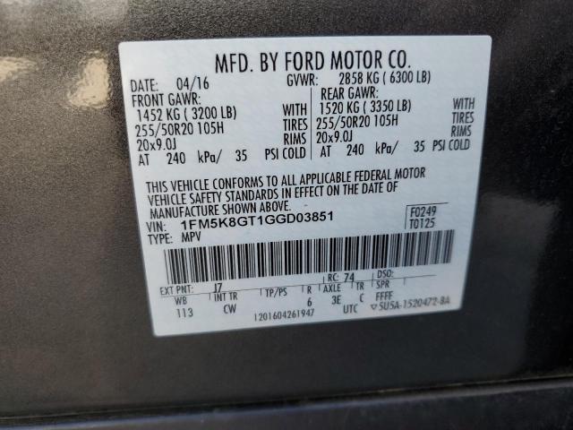 1FM5K8GT1GGD03851 - 2016 FORD EXPLORER SPORT CHARCOAL photo 12