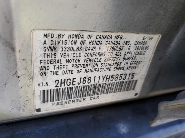 2HGEJ6611YH585315 - 2000 HONDA CIVIC BASE SILVER photo 12